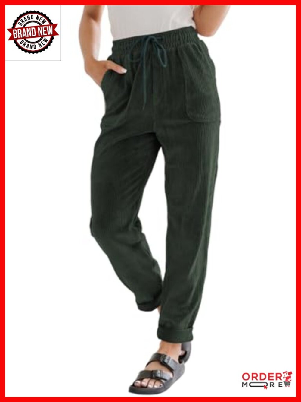 Corduroy Straight Leg Pants Drawstring Elastic High Waist Teacher Work